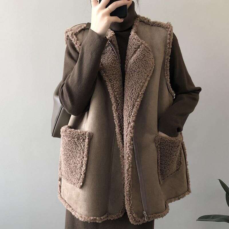 Vêtements pour femmes gilet en laine d'agneau, vêtements d'extérieur, gilet en fourrure, lâche, gilet de veet de peau de cerf à deux côtés