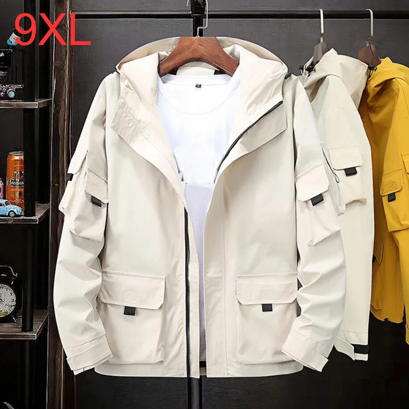 Autumn Spring Men Cargo Jackets Hooded outwear korea style zipper out door coat large size 7XL 8XL 9XL loose jackets 250814