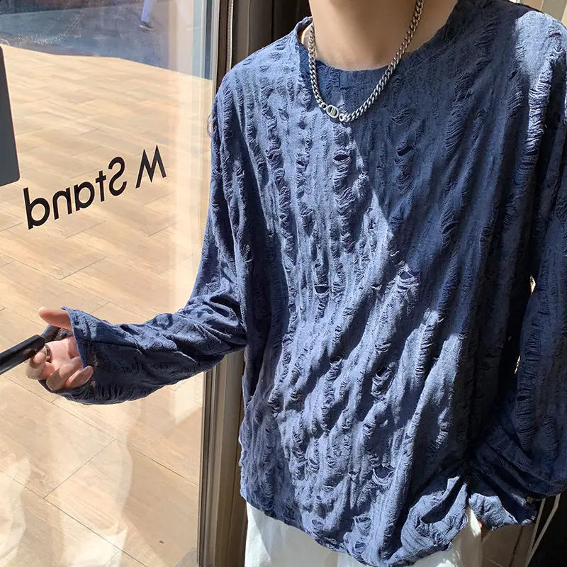 Dopamine Hole Long Sleeve T-Shirt Men Spring Autumn Trendy Versatile Loose Embossed Round Neck Unique Top 250811