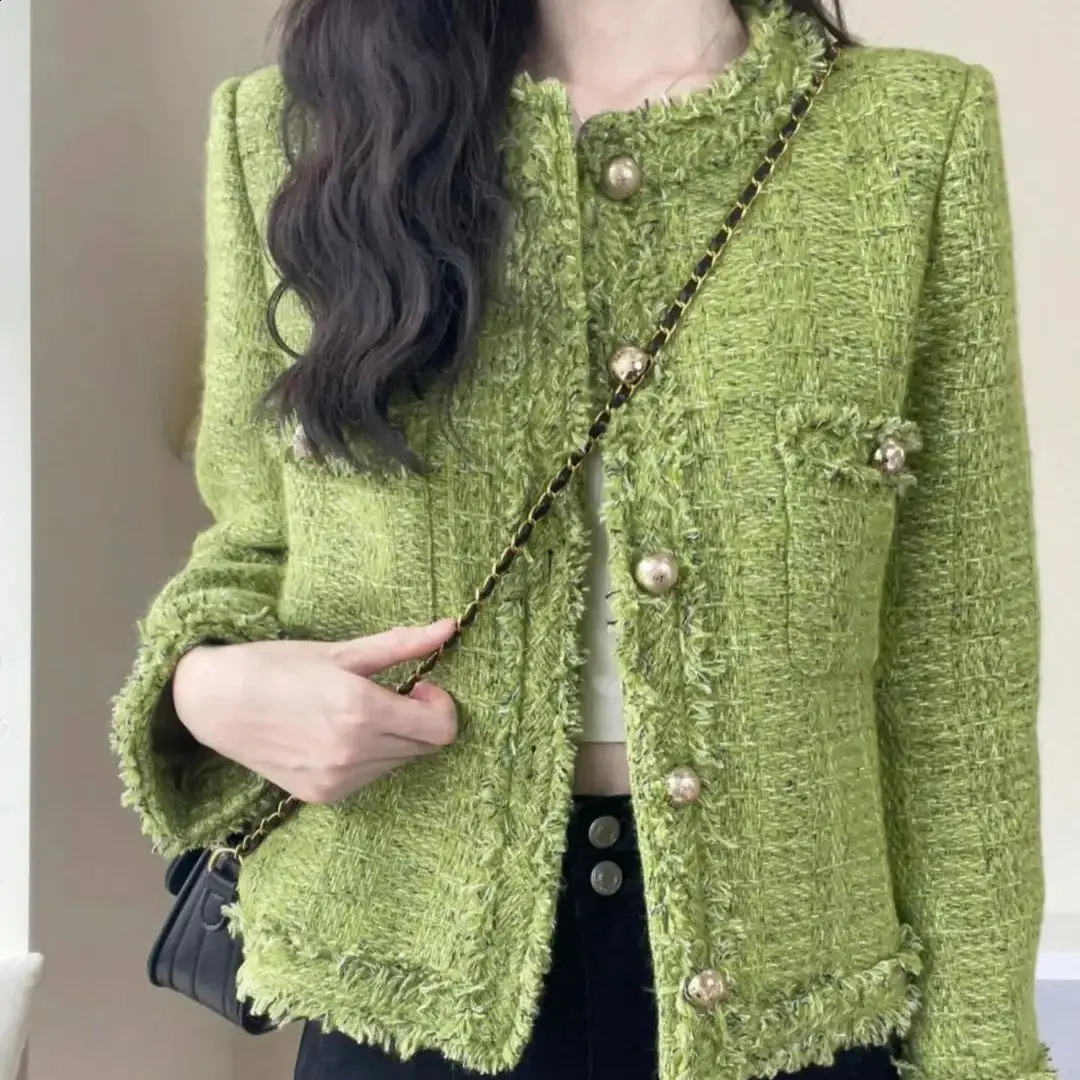 Tweed Jacket High Quality SingleBreasted Short Aspring Autumn Korean Style Women LongSleeved Green Casual 250815