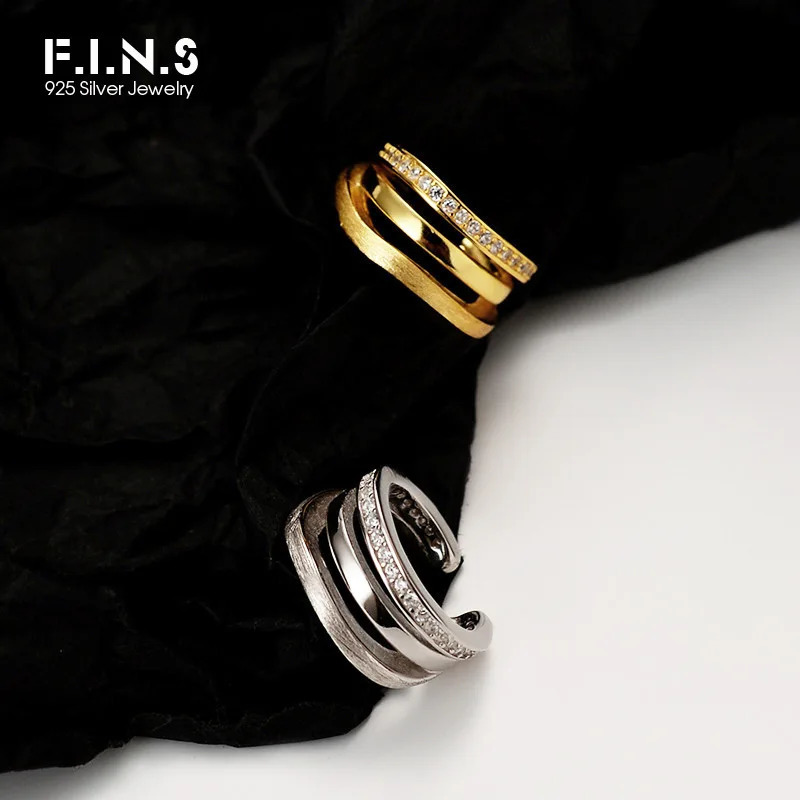 F.I.N.S 1PC Korean Original S925 Sterling Silver CZ Paved Ear Clip Hollow Brushed Line Layered Wide Ear Cartilage Cuff 250812