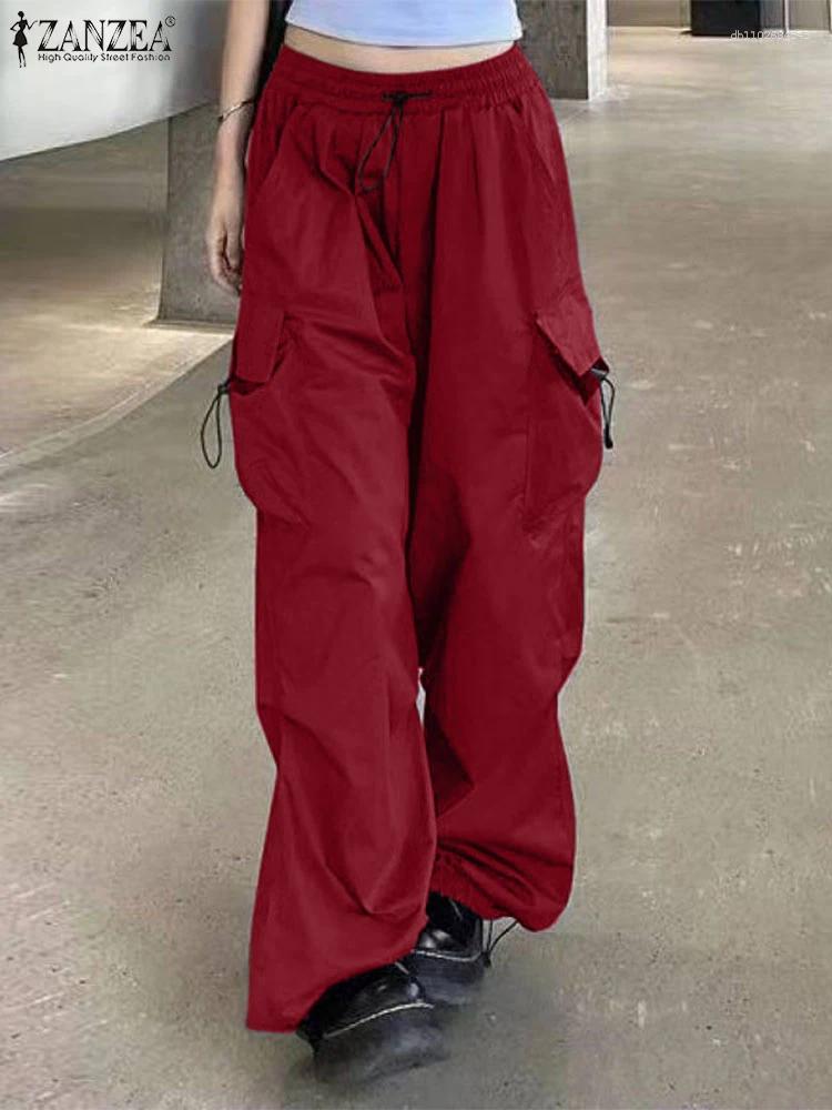 Women's Pants ZANZEA Casual Women 2025 Pockets Workwear Solid Color Loose Pleated Elastic Waist Long Cargo High Street Bottoms