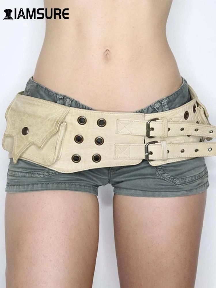 Iamsure vintage grandes poches pu ceinture en cuir y2k style safari femme jupe de mode extérieur jeans pantalon décoratif waistband250812