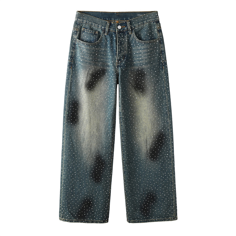 Baggy Jeans Rhinestone Jeans Hole Jeans Mens Fashion Designer Jenas Men's Jeans Perforated Patch Trendy Elastic Slim Leggings Versatile Men