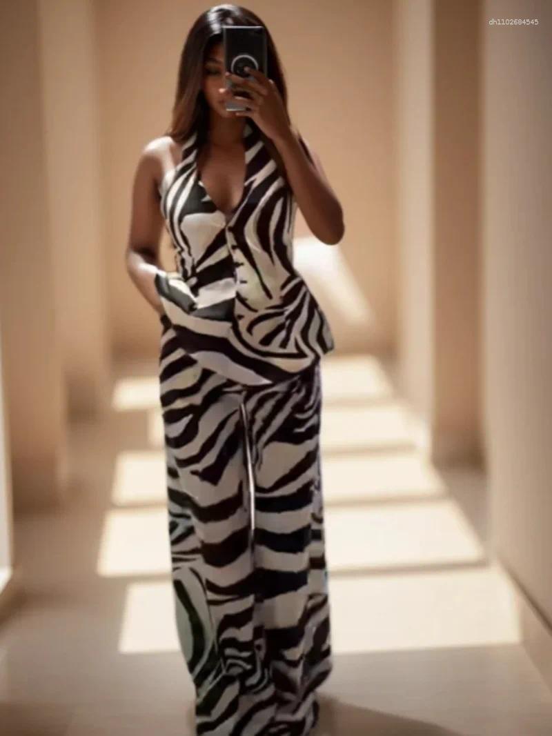 Women's Two Piece Pants 2025 Summer Casual Print Halter Vest Sets Women Sleeveless Backless Button Tops High Waist Wide Leg Pant Lady Beach