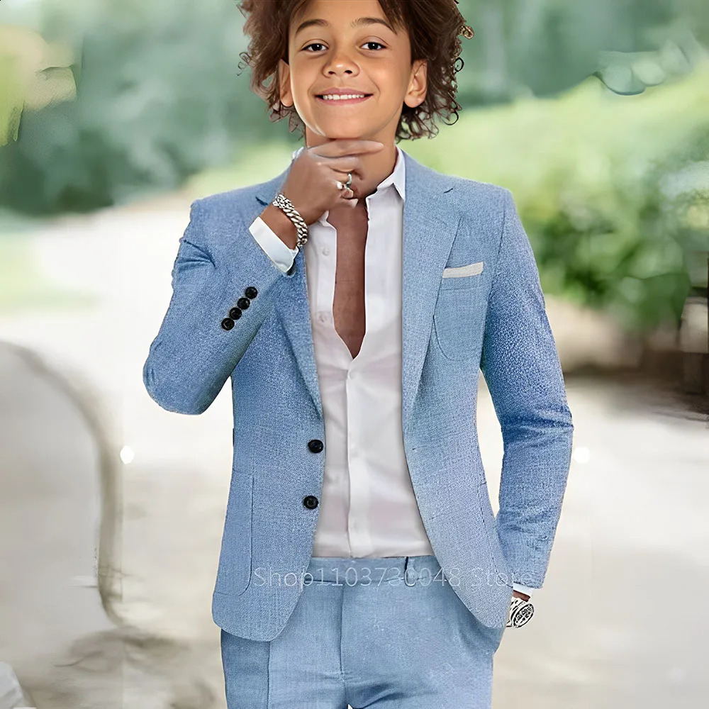 2 Piece Sets Light Blue Linen Summer Boy Suits Notch Lapel Slim Fit Two Buttons Blazer Pants Kids Tuxedos Wedding Prom 250814