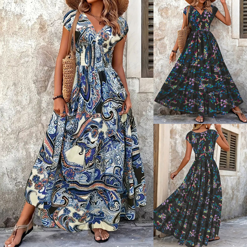 Temu Paisley Print for Women Summer Fashion Elegant Short Sleeve V-neck Long Dress