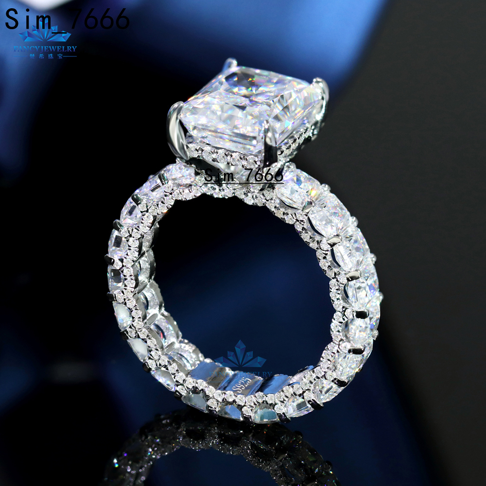 Luxury 925 Silver 5CT Radiant Cut Moissanite Diamond Ring Engagement 3x4mm Moissanite Paved Full Eternity Band Ring for Women