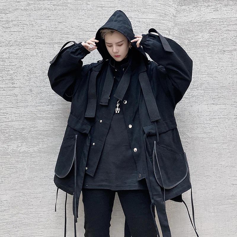Men's Down 2025 Hip Hop Techwear Winter Jacket Ribbons Multi Pockets Oversized Coat Korean Style Streetwear Manteau Homme