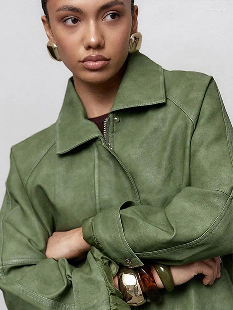 Women's Fur Lapel Long Sleeve Faux Leather Coats Women Vintage Turn-down Collar Single Breasted Zipper Loose Fitting Jackets Autumn Tops