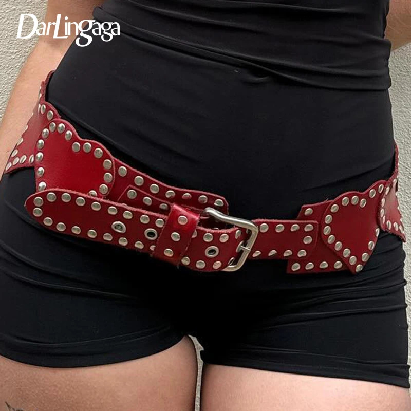 Darlingaga Y2K Streetwear Grunge Leather Belt Women Heart Shape With Rivets Vintage Waistband Punk Wide Belts 2025 Trends250812