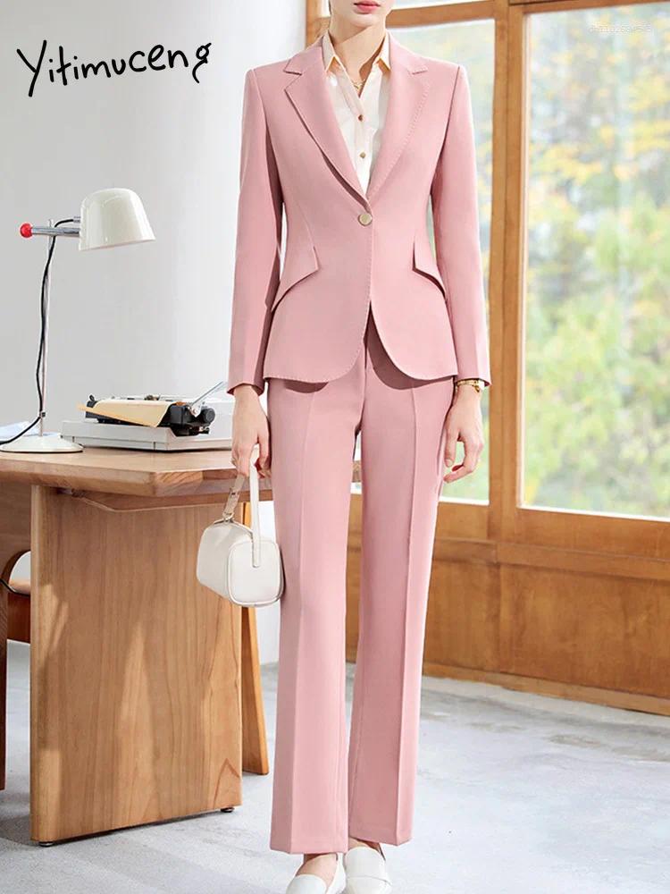 Women's Two Piece Pants Yitimuceng Fashion Blazer Women Office Casual Long Sleeve Suits Single Button Turn Down Collar 2025 All Season Pant