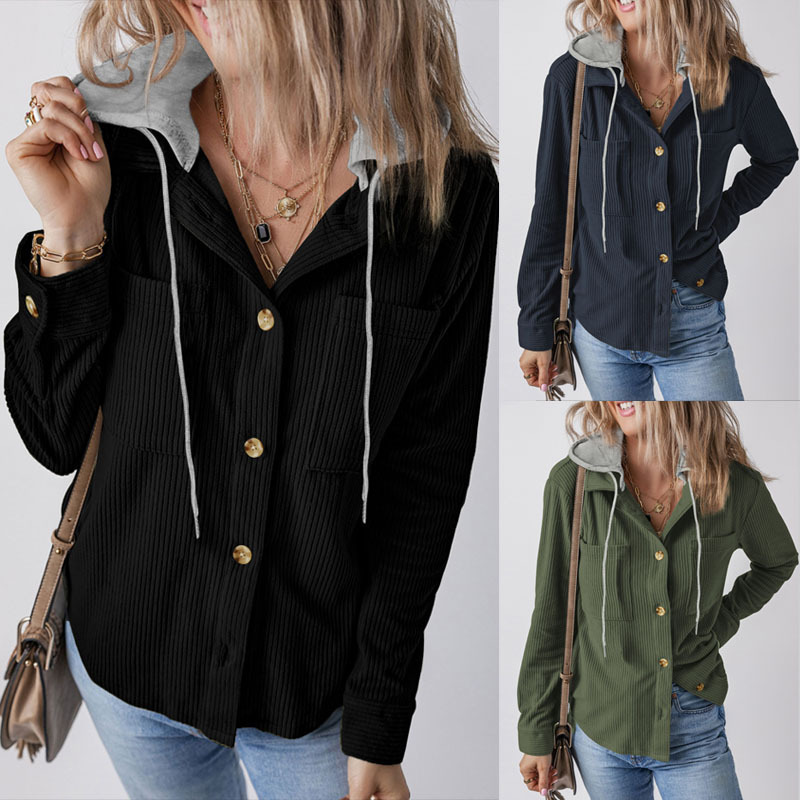Solid Color Button Hooded Sweatshirt Autumn Winter Comfortable Casual Long Sleeve Jacket Coat for Women