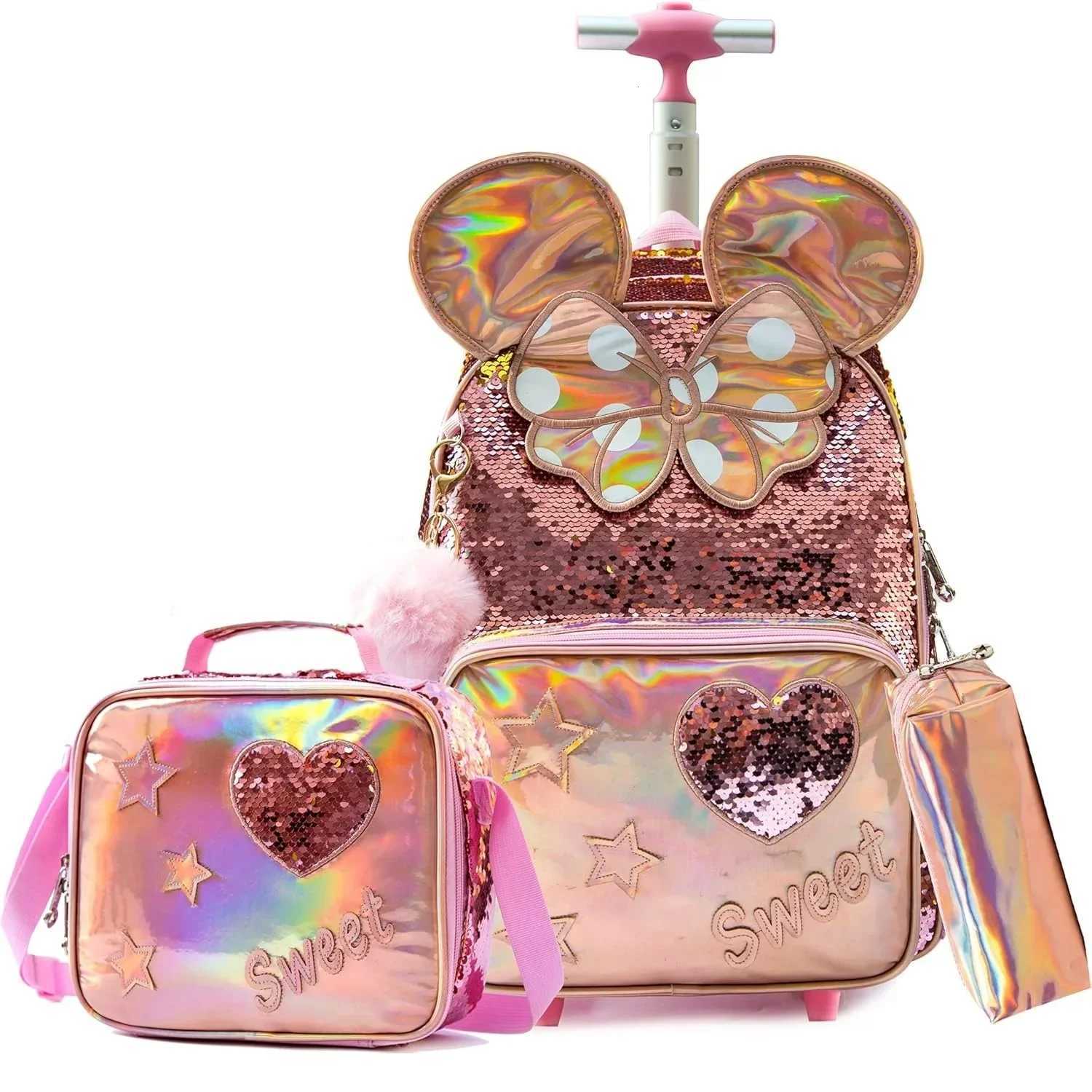 16 Inch Cute Girls School Bags Children Primary School Backpack Girl with Wheels Rolling Bag Set with Lunch Bag Kids Backpack X250815
