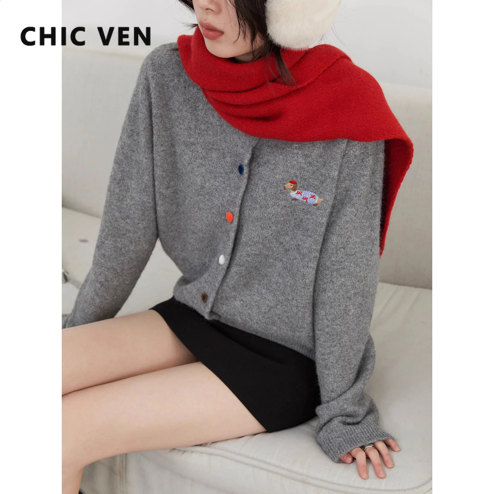CHIC VEN Women Cardigan Loose Casual Round Neck Love Button Dog y Knitted Sweaters Female Top Spring Autumn 250815