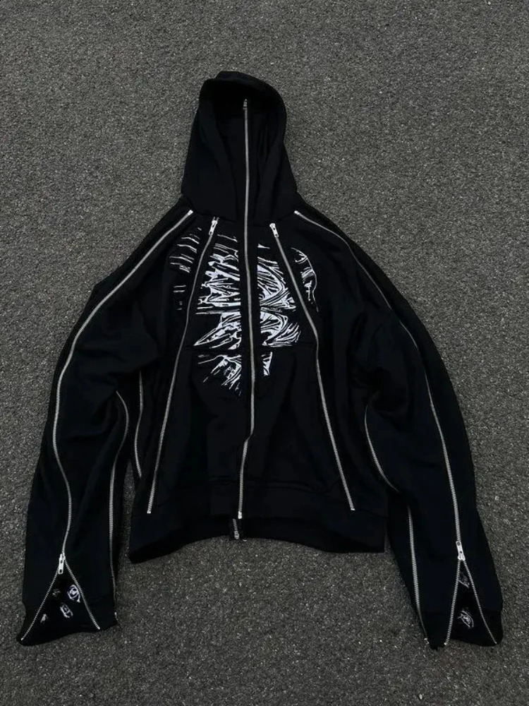 American Street Trendy High Craft Dark Harajuku Y2K Multi Zipper Hat Loose Mens and Womens Hoodies 250815