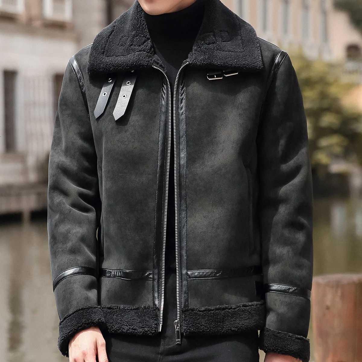 Fashion Solid Slim Korean Style Leather Coat Fleece Jacket Men Leather Jacket Winter Faux Fur Collar Windproof Warm Clothing W250815