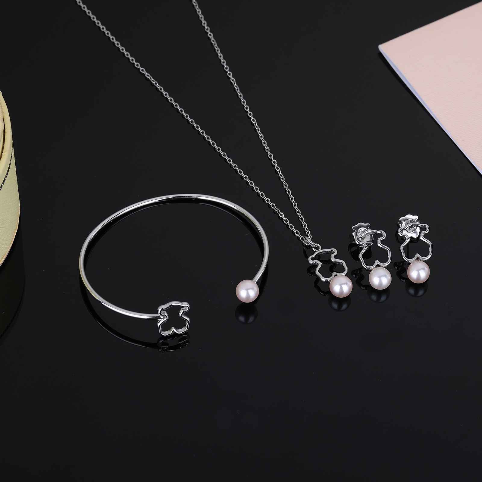 Fashion Women Silver Gold Stainless Steel Bear Pink Drop Oil White Bead Hollow Letter Pendant Bracelet Earrings Sets Jewelry-image-1045535167