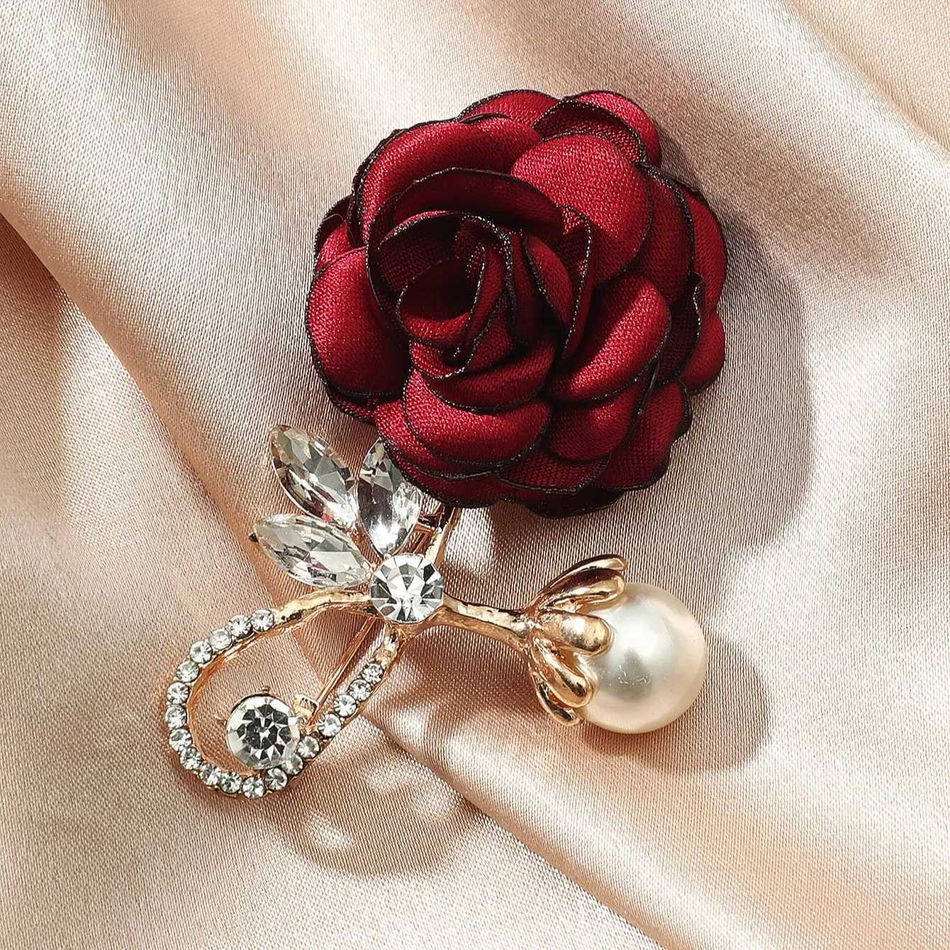 1 Simple High-Quality Red Rose Cloth Flowers Imitation Pearl Crystal Brooch La Fashion Single Holiday Travel Ball Brooch XJ250815