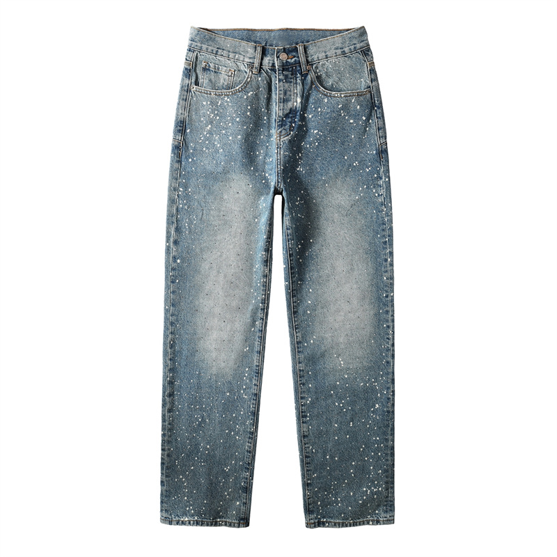 Baggy Jeans Mens Fashion Rhinestone Jeans Designer Jenas Men's Jeans Perforated Patch Trendy Elastic Slim Leggings Versatile Men's Pants H
