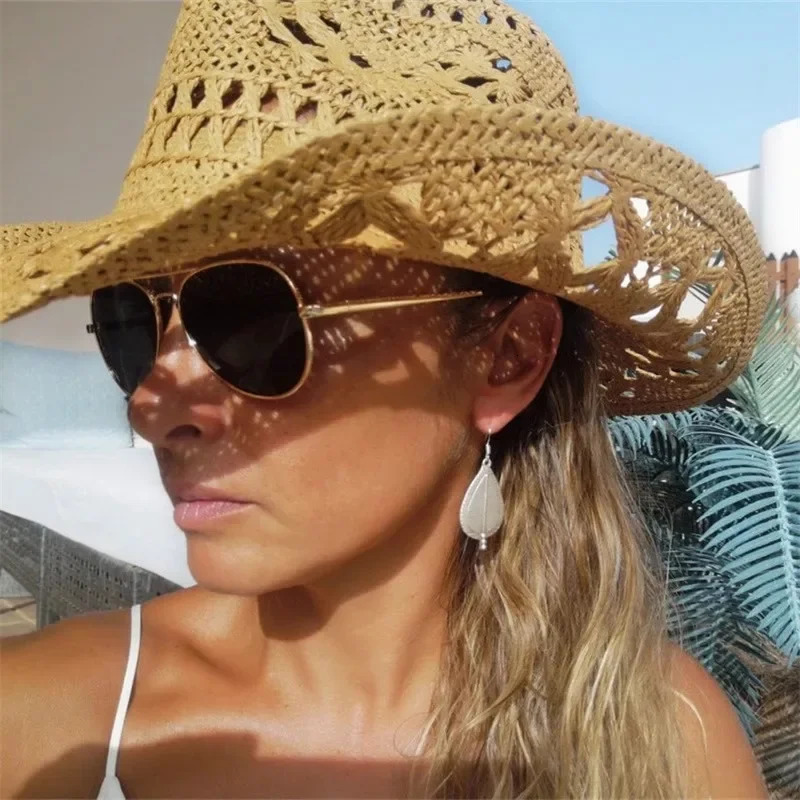 Western Cowboy Hats for Women Men Classic Vintage Hollow Out Unisex Curled Wide Brim Sun Hat Fishing Hat Climbing Straw Cap 250807