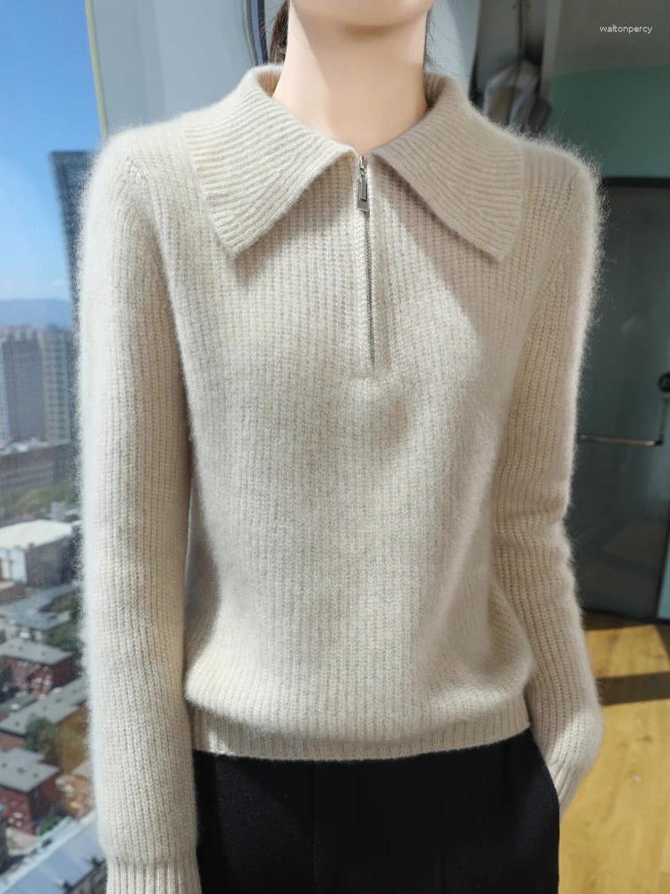 Women's Sweaters Women Cashmere Sweater Polo Collar Zippers Pullover Autumn Winter 30% And 70% Merino Wool Knitwear Long Sleeve Clothing