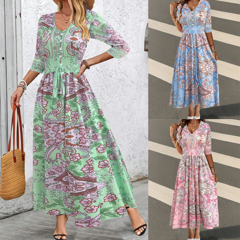 2025 Bohemian Print Elegant V-neck Long Sleeve Dress
