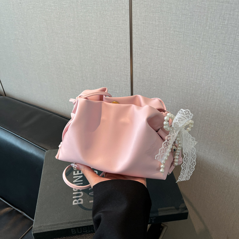Trendy Women's 2025 Pearl Bow New Fashionable Pleated Cloud Large Capacity Handbag Crossbody Bag
