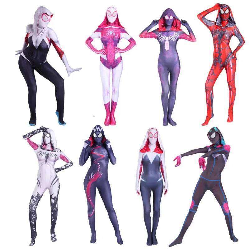 2025 Nouvelle femme de même Stacy Zentai Costume Venom Gwen Halloween Cosplay Female Spider Suit pour les enfants J