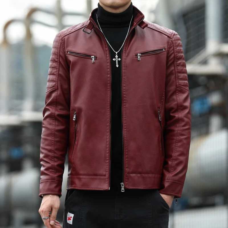 Stand Collar Casual Handsome Leather Jacket Mens Jacket Trendy Spring New Retro Coat Motorcycle British Style Leather Jacket W250815