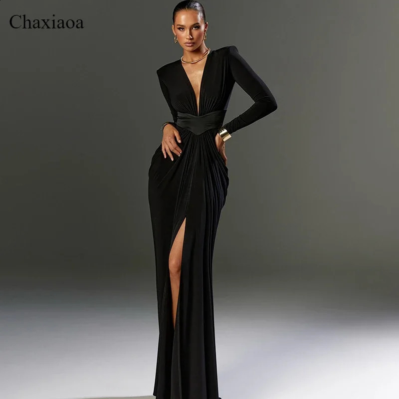 Chaxiaoa femmes chic sexy élégante mode basse coupée noire taille maxi robe maxi soirée à manches longues de soirée manche robe club 250808