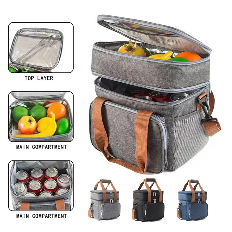 Picnic Cooler Bags Thermal Lunch Box Bag Double Layer Outdoor Camping Food Drink Ice Insulated Case Travel Storage Bags 250812