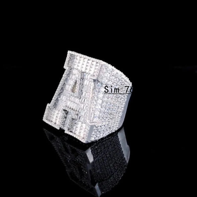 Custom Moissanite Ring Men Initial Letter Hiphop VVS Iced Out Moissanite Baguette 925 Silver Moissanite Ring