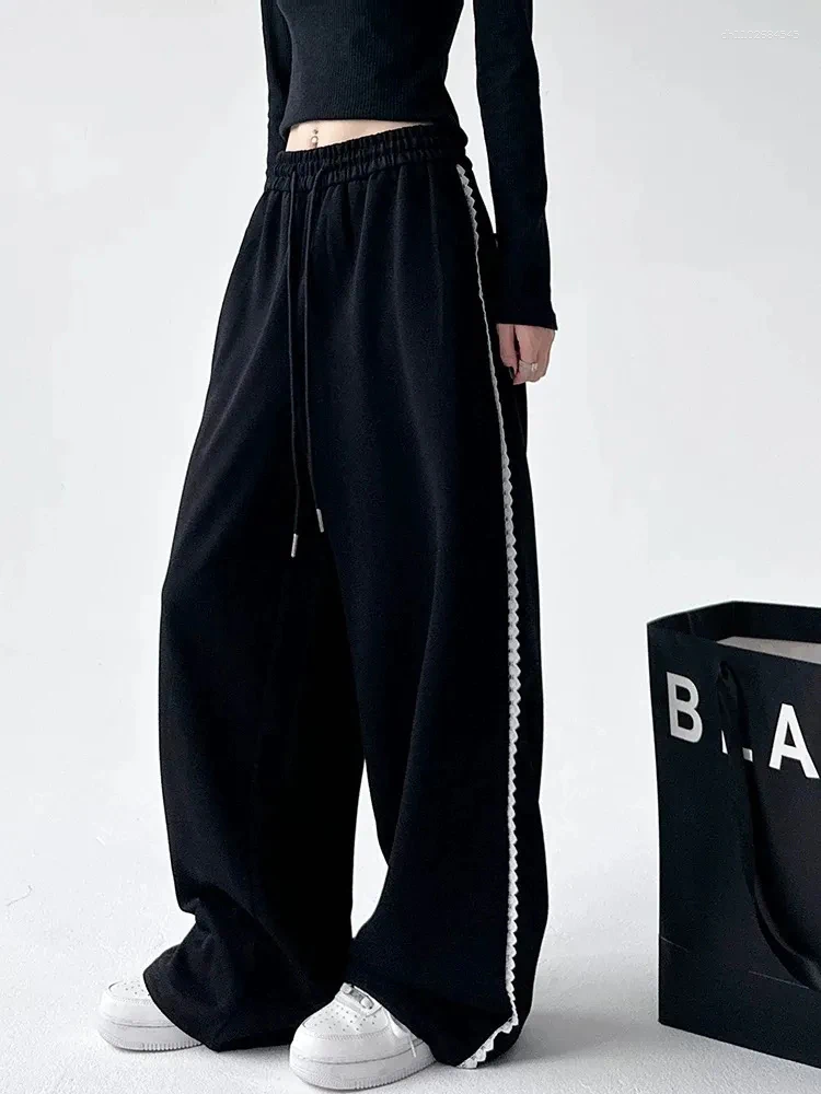 Women's Pants Black Lace Patchwork Women Fall Fashion Loose Casual Wide Leg Trouser High Waist Up Breathable Chic Simple Sweatpants