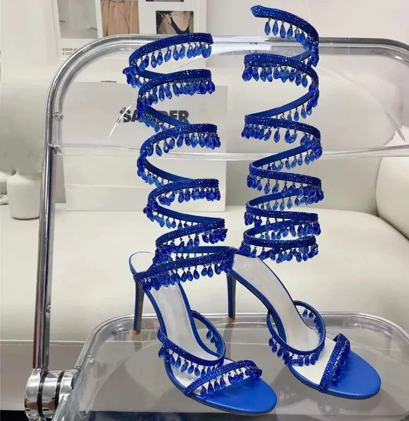Designer Luxury Women Slipper Dress Shoes Women's New Water Diamond Sandals Fashion Tassel Crystal Shoes Sexy Banquet Party Twin Stiletto Large