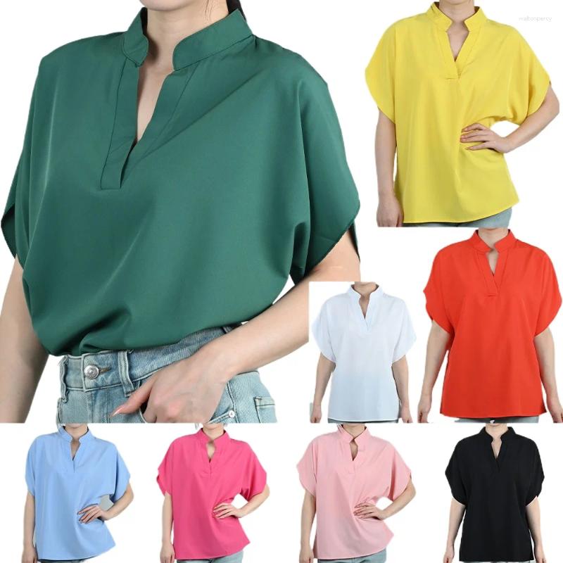 Women's Blouses Summer Elegant Blouse Woman V-neck Short Sleeve Midlife Female Solid Color Flare Loose Tops