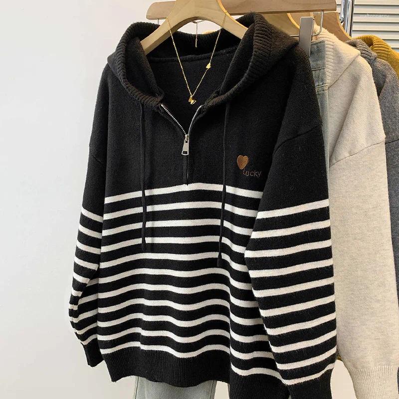 Women's Sweaters Fall All Match Long Sleeved Knitwear Striped Hooded Loose Tops For Women Korean Style Daily Commuting Pullover Sweater