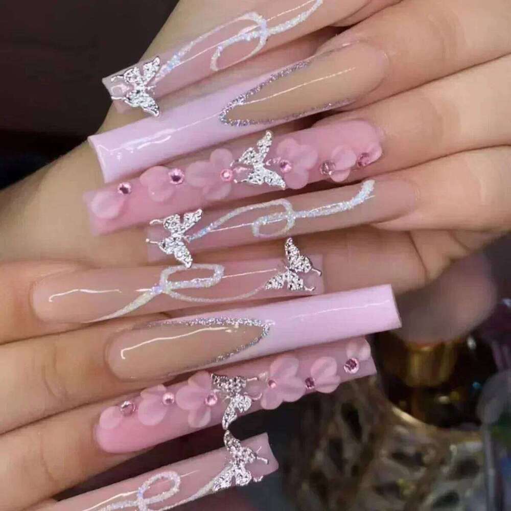 24pcs Ballet de long Ballet False Pink Butterfly avec strass de conception française Fausse de paillettes portable Presse sur les ongles Tips Art