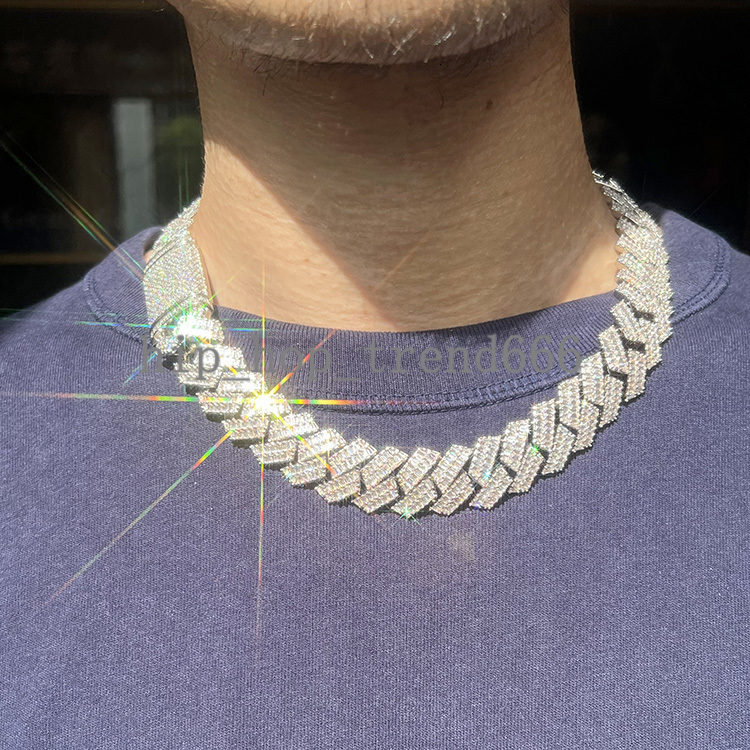 Luxury Hip Hop Chain 19mm Silver Necklace VVS Moissanite Baguette Moissanite Diamond Cuban Link Chain