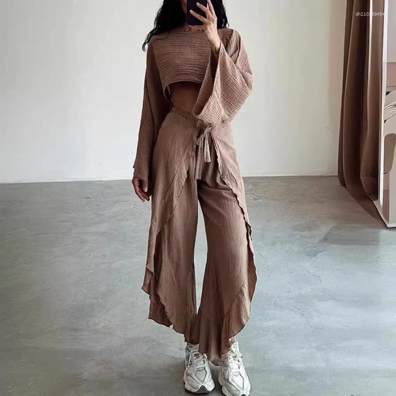 Women's Two Piece Pants Spring Summer Cotton Linen Suit Fashion O Neck Flare Sleeve Crop Short Top Split Lace-up Ruffle Outfit Set For Women