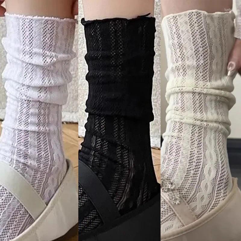 Women Socks 1/3pair Summer Japanese Solid Color Kawaii Lace Mesh Hollow Out Sock For Female Vintage Black White Fashion Long