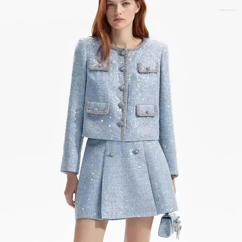 Vestes féminines 2025 Mist du début du printemps Blue Round cou paillettes paillettes en diamant veste en tweed et costume de jupe