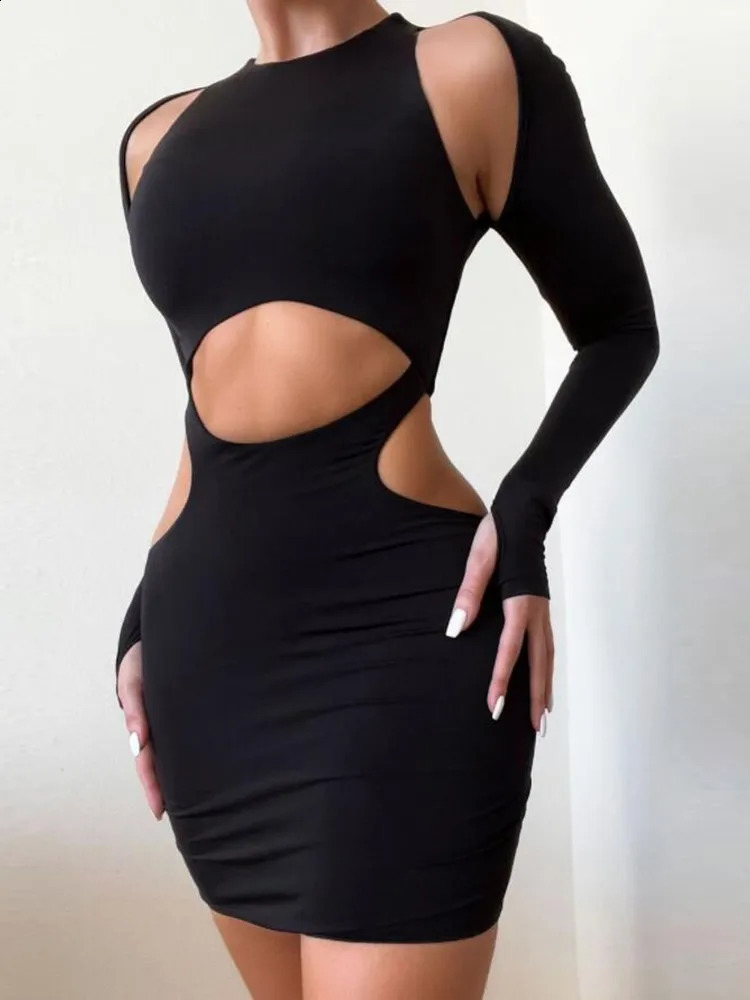 Manches longues Casual Fashion Club Party Mini robe bodycon colon femmes Vestido Hollow Out Sexy Black Robes 250808