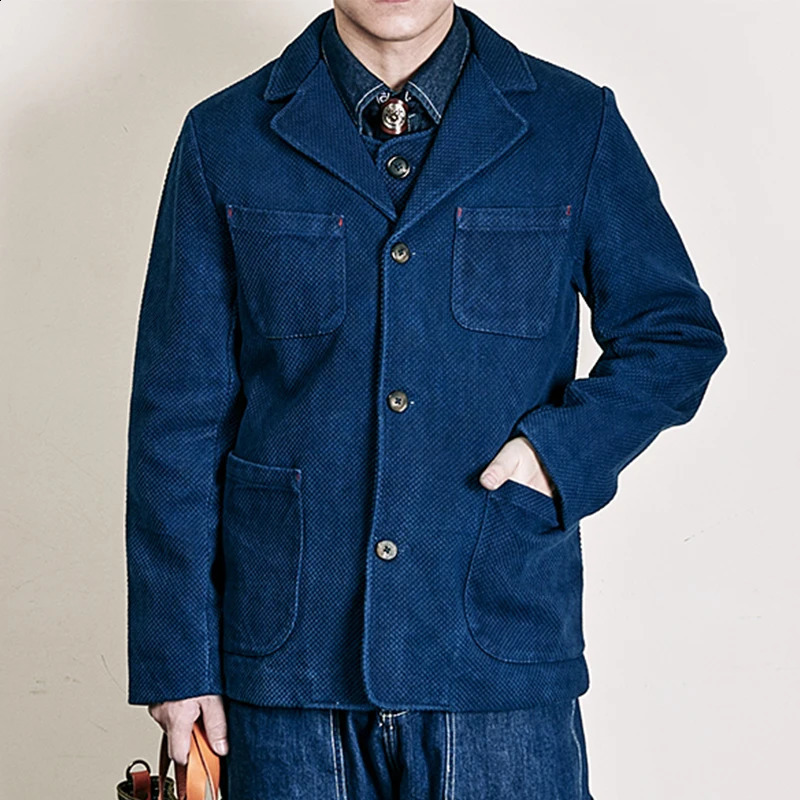 Mens Indigo Cargo Jacket Height Weight Cotton Lapel Multipocket Male French Vintage Thick Workwear Tooling Coat 250814
