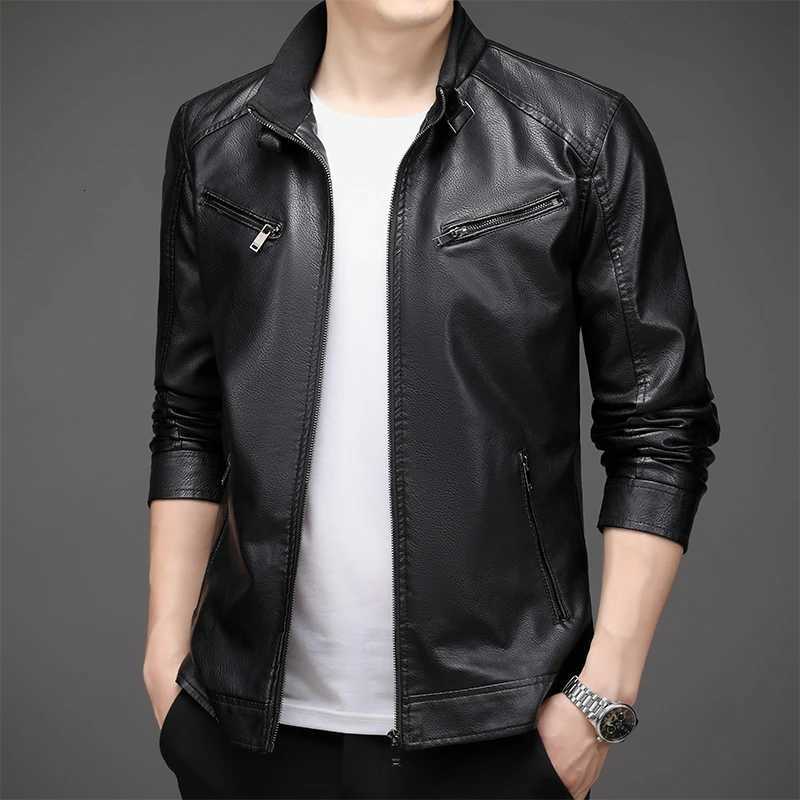 Mens Spring Autumn Slim Fit Leather Jacket Solid Korean Style Stand Collar Motorcycles Leather Coats Men Youth Casual PU Jacket W250815