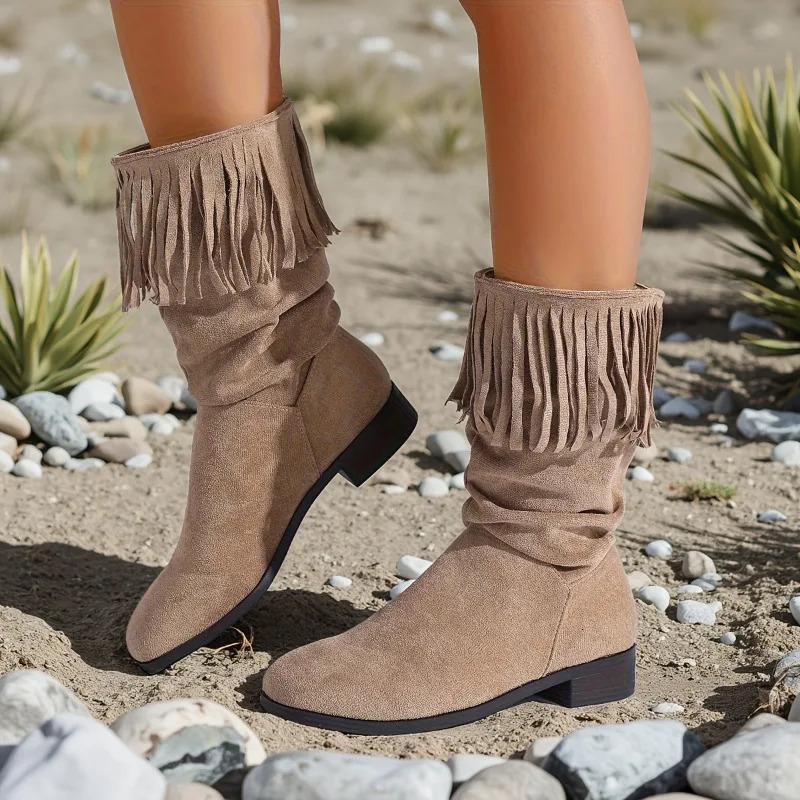 Ladies Shoes Slip-on Womens Boots Fashion Tassel Modern Boots Women Round Toe Plus Size Retro Mid-Calf Boots 250812