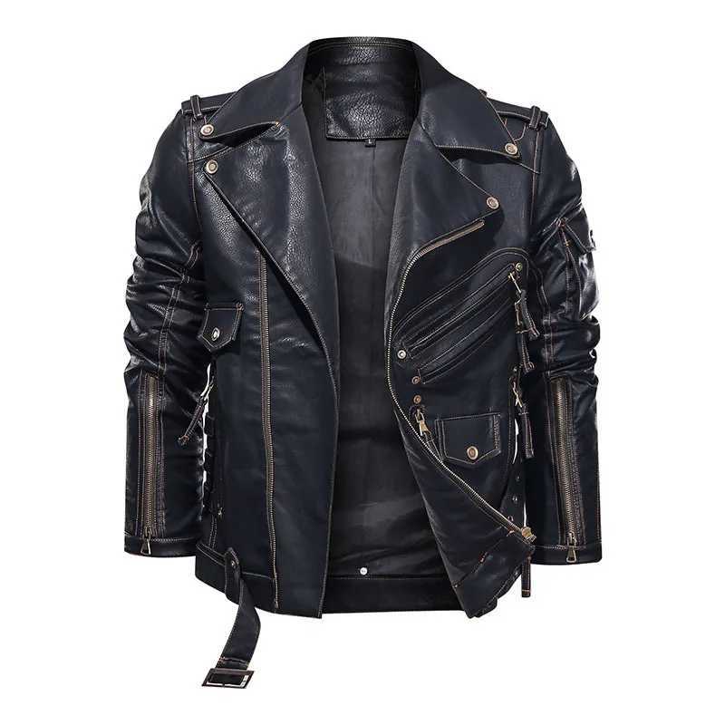 Men Zipper Luxury Designer American Vintage Coat Punk Fur Collar Leather Jacket Spring Autumn Cool Handsome PU Leather Jacket W250815