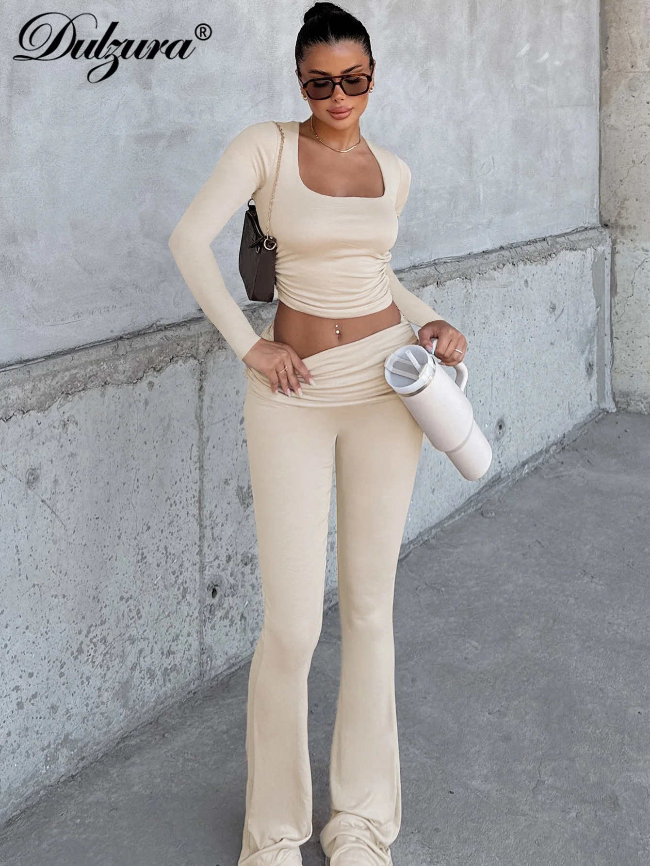 Dulzura Solid décontracté pantalon de 2 pièces à manches longues Slim Crop Top et pantalon Flare Matching Set Streetwear Automne Winter250813