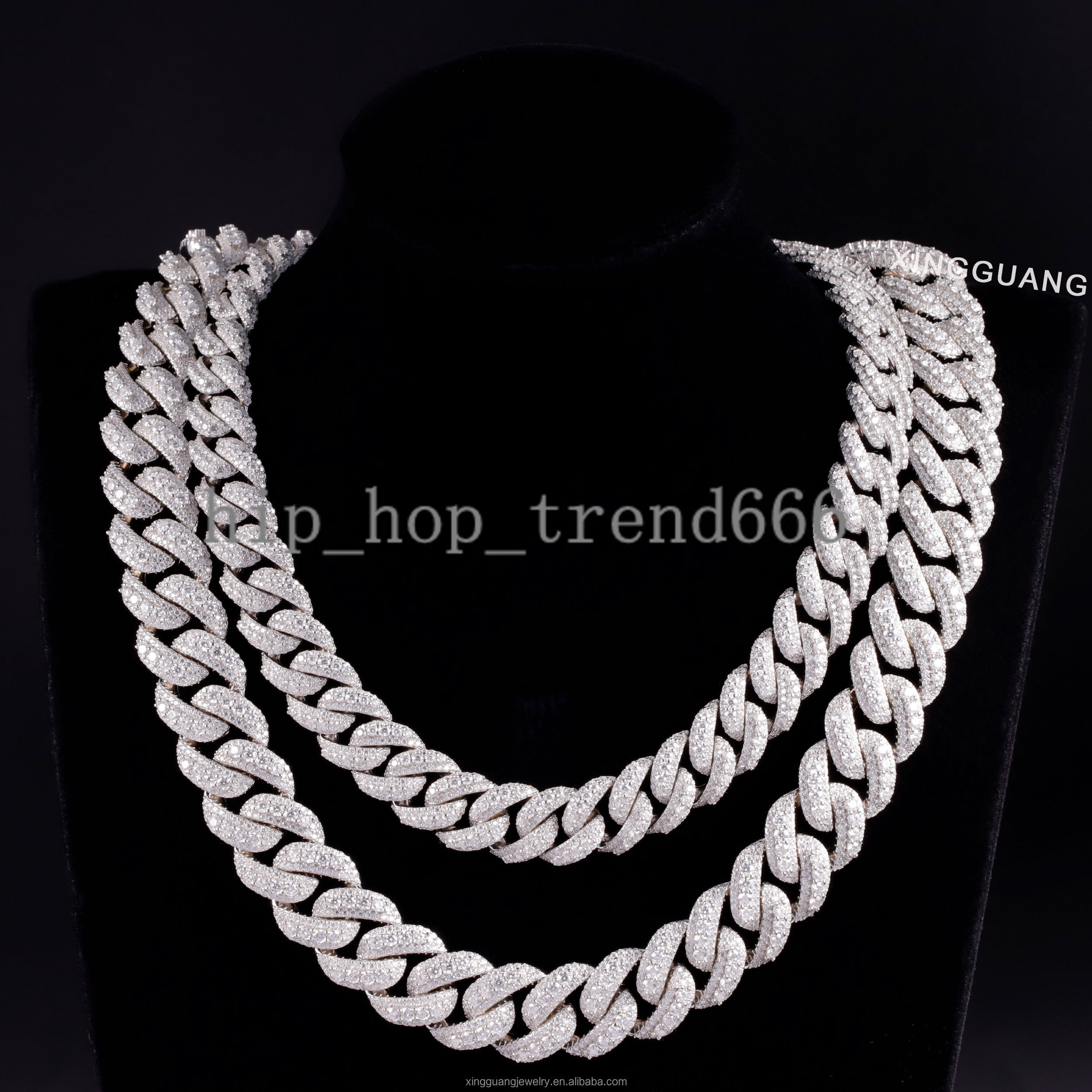 Handmade Jewelry 14mm 18mm 3row Hip Hop Necklace Cuban Chain 925 Sterling Silver with Round Brilliant Cut Moissanite Cuban Chain