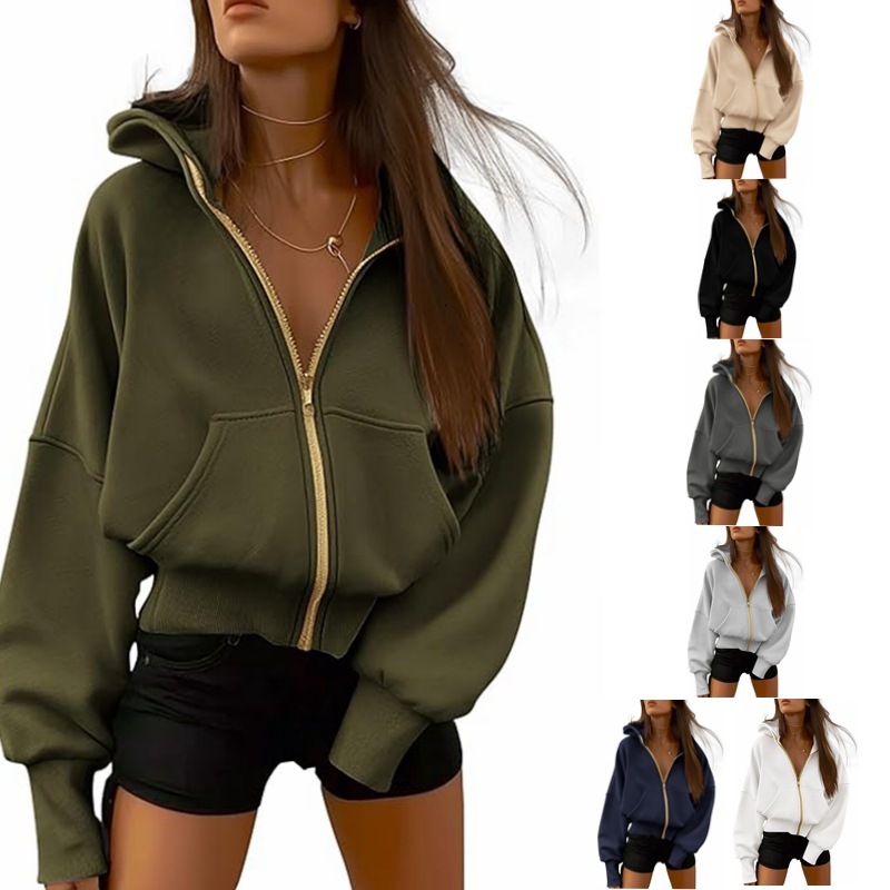 Womens Gold Zip Up Hoodies Crop Long Sleeve Hooded sweatshirts Fleece Hooded Jacket Fashion Fall Winter Casual Fitness Workout Gym Clothes